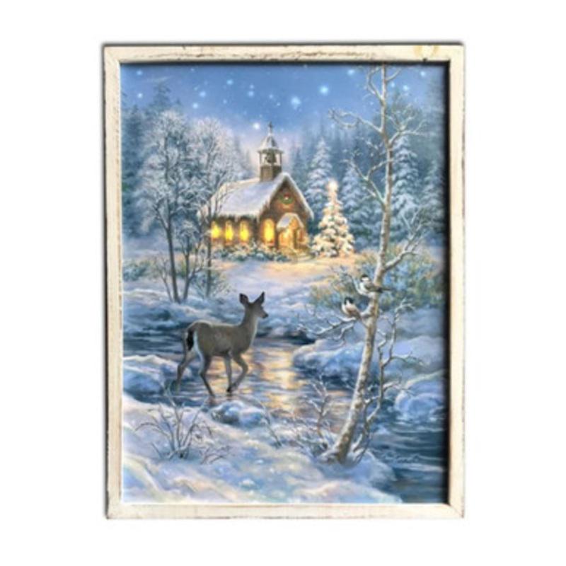 White and Blue The Chapel LED Lighted Christmas Framed Rectangular Wall Decor 24 x 18