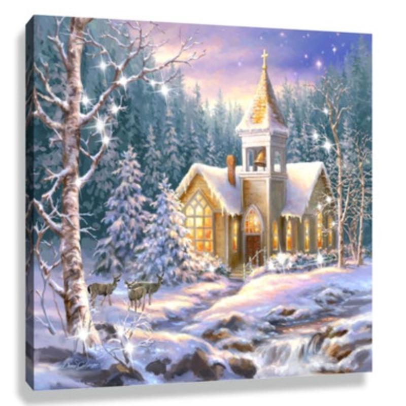 White and Brown Christmas Chapel Pizazz Print Framed Wall Decor 10 x 10