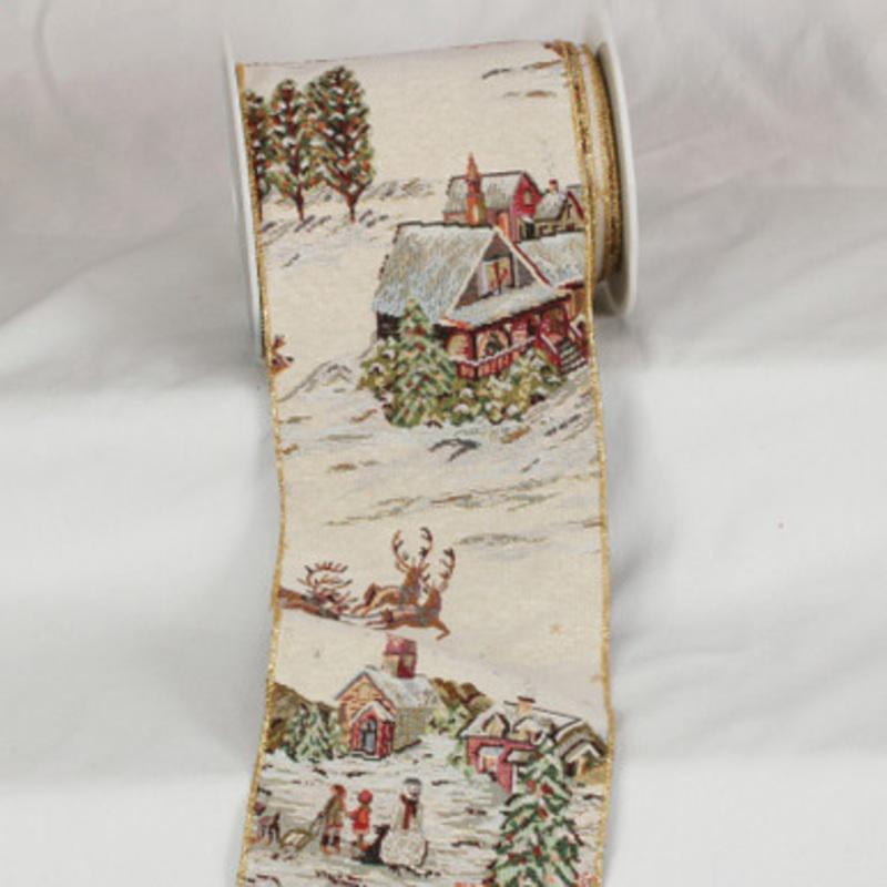 White and Brown Santas Sleigh Wired Craft Ribbon 6 x 9 Yards
