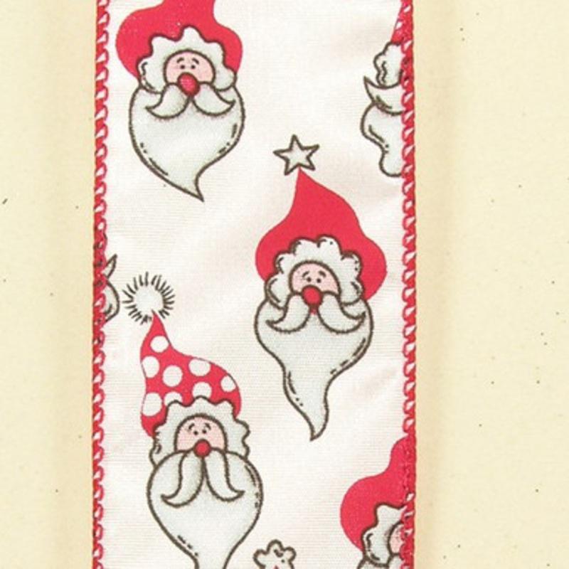 White and Red Long Bearded Santa Print Wired Craft Ribbon 2 x 40 Yards