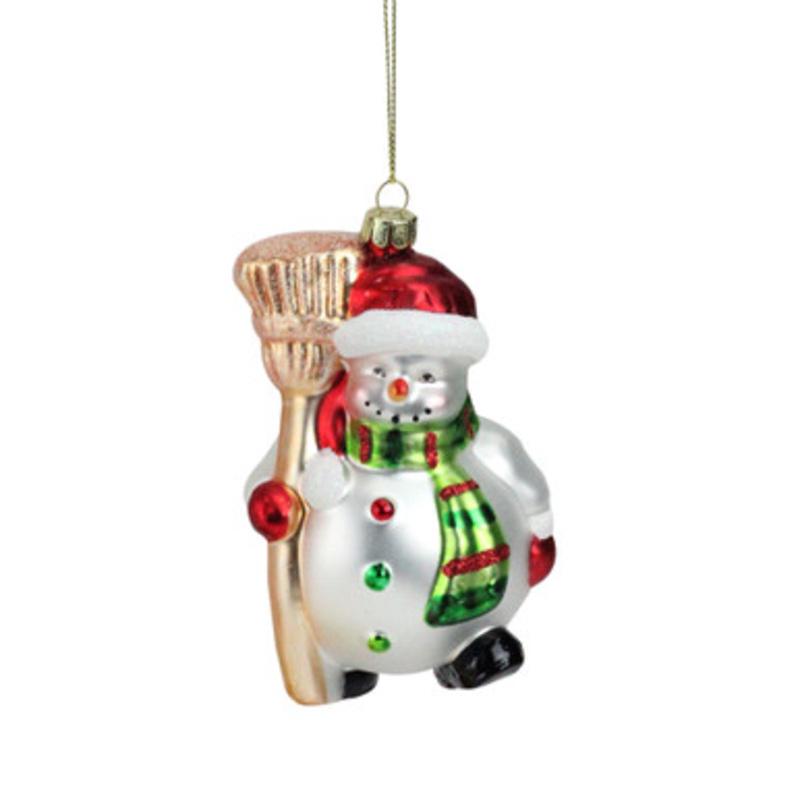 White and Red Portly Smiling Snowman with Broom Shatterproof Christmas Ornament 5 (120mm)