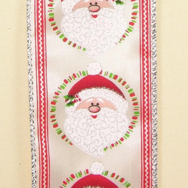 White and Red Santa Print Wired Craft Ribbon 2.5 x 40 yards