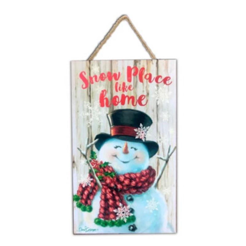 White and Red Snowman Printed Rectangular Christmas Wall Sign with Rope Hanger 10 x 6