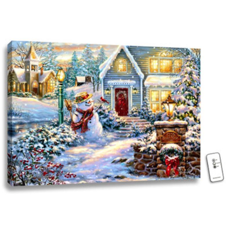 White and Yellow Silent Night Lane LED Backlit Christmas Rectangular Wall Art with Remote Control 18 x 24
