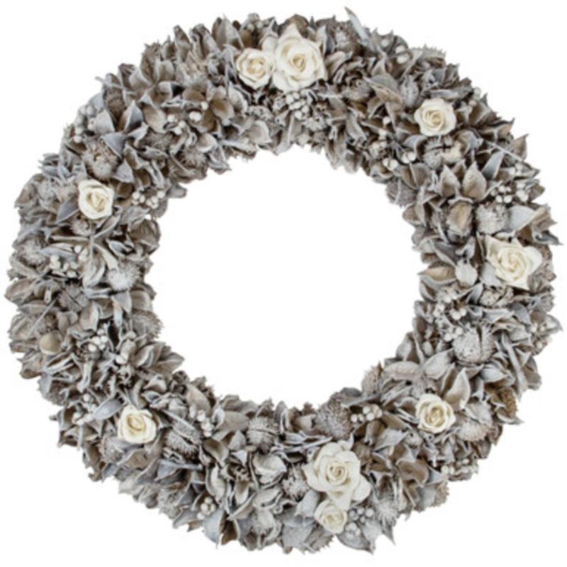 White Glittered Rose and Walnut Shell Artificial Christmas Wreath 19-Inch, Unlit