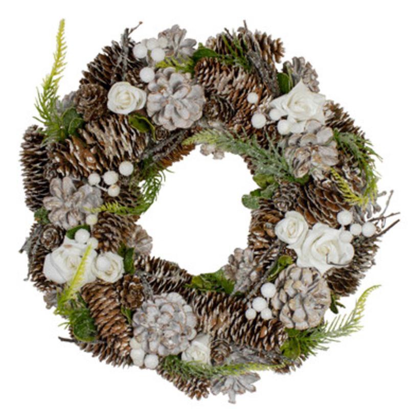 White Rose and Pine Cones Artificial Christmas Wreath, 13-Inch, Unlit