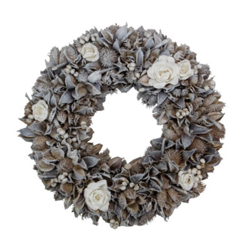 White Rose and Winter Botanicals Artificial Christmas Wreath, 13.5-Inch, Unlit