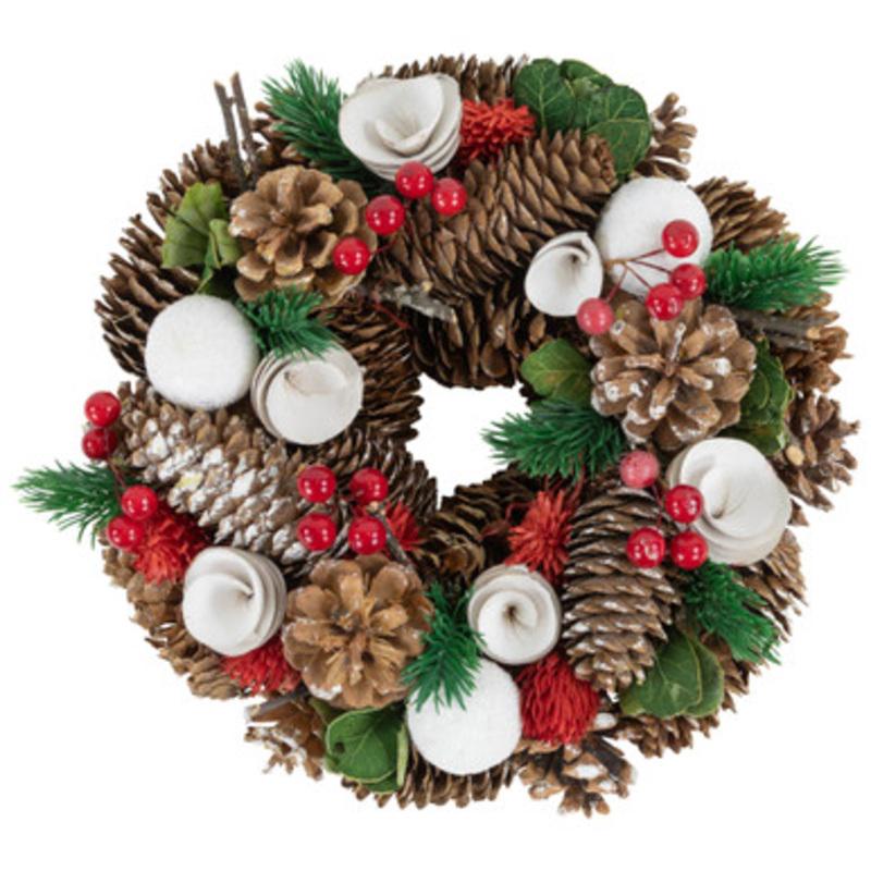 White Wooden Rose, Pine Cone and Berry Artificial Christmas Wreath, 10-Inch, Unlit