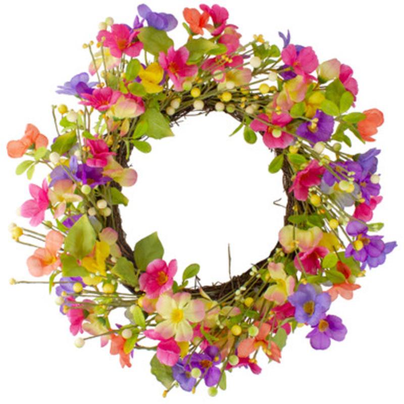 Wild Flowers and Berries Artificial Spring Twig Wreath, Pink and Yellow 20-Inch