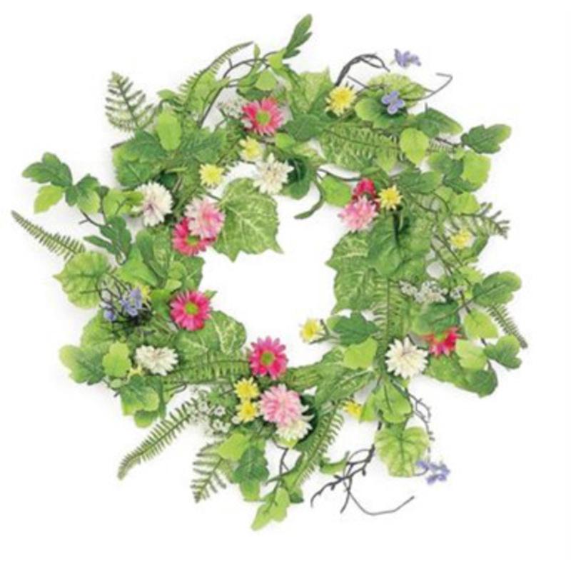 Wildflowers Artificial Spring Floral Wreath, Green and Pink 22-Inch