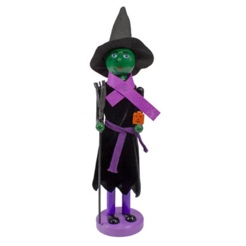 Witch Jack-O-Lantern Halloween Nutcracker with Broom  14  Black and Green