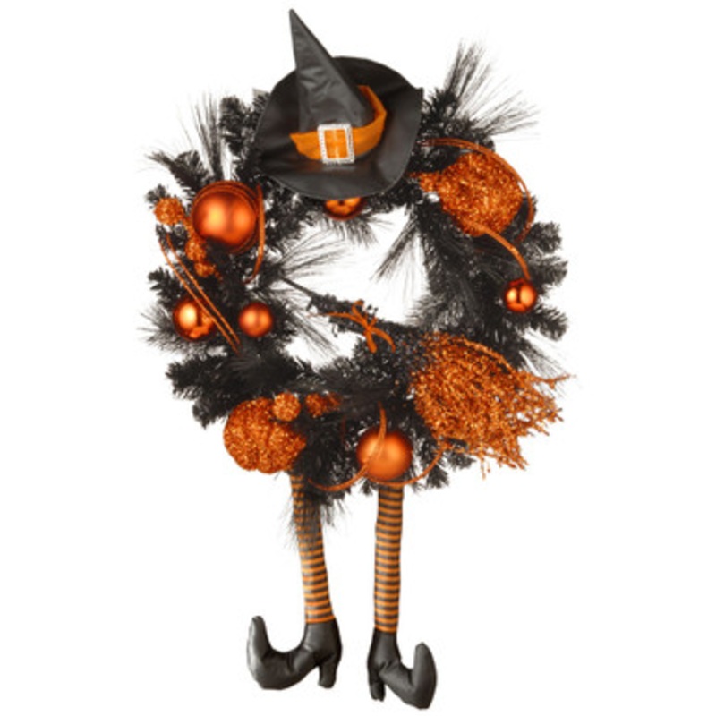 Witch with Ball Ornaments Halloween Wreath, Black and Orange 24-Inch