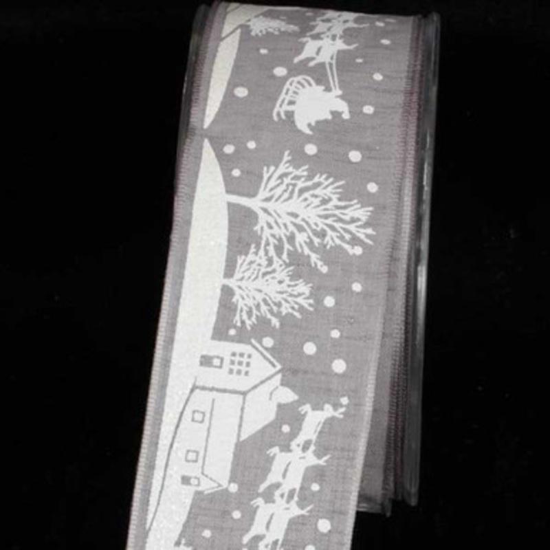Wonderful Gray and White Santa on Sleigh Wired Craft Ribbon 1.5 x 27 Yards
