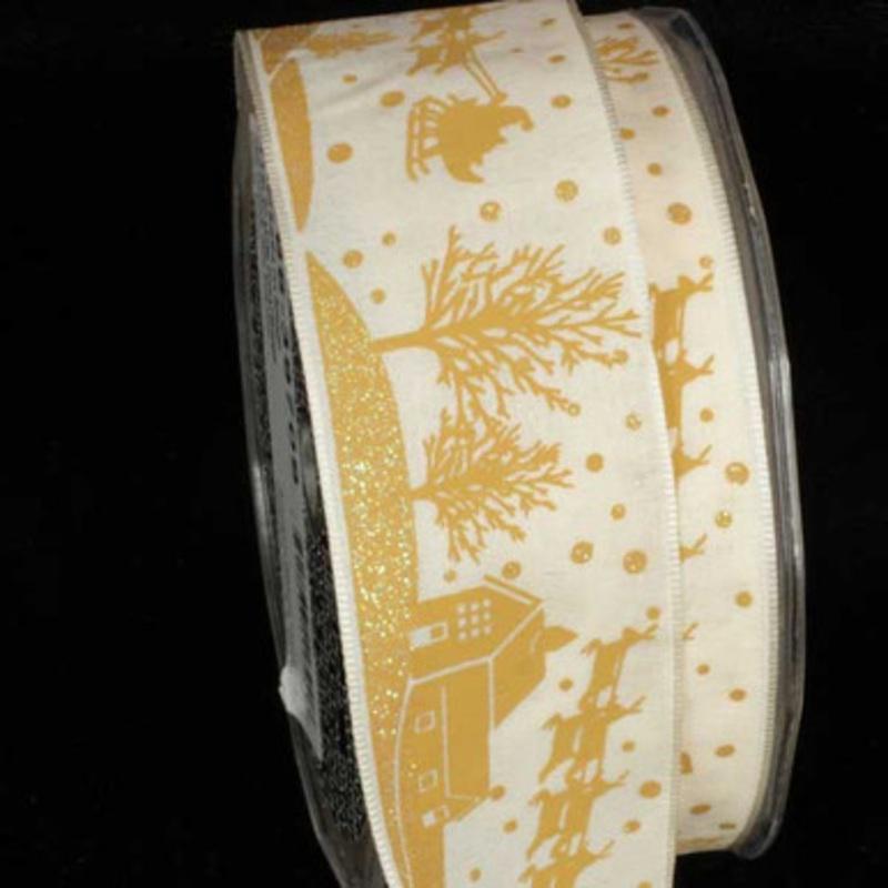 Wonderful Ivory and Gold Santa on Sleigh Wired Craft Ribbon 1.5 x 27 Yards