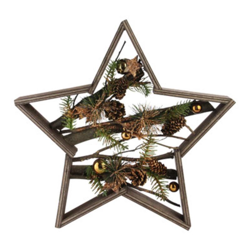 Wood Framed Star with Mixed Branches and Bells Table or Wall Decoration 15.25