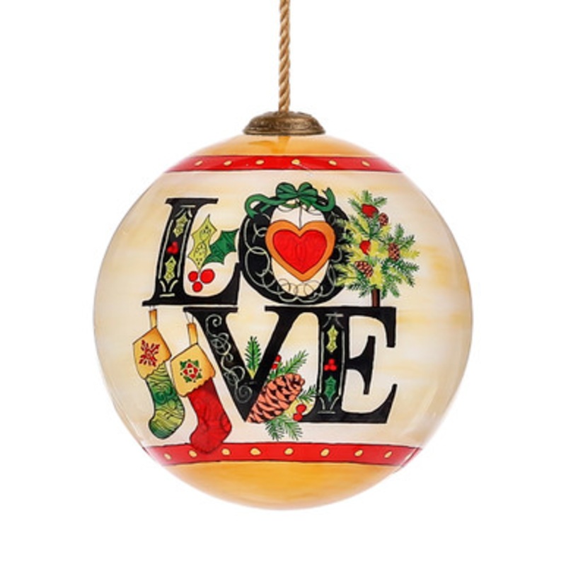 Yellow and Black Love Joy Peace Design Hand Painted Mouth Blown Glass Hanging Christmas Ornament