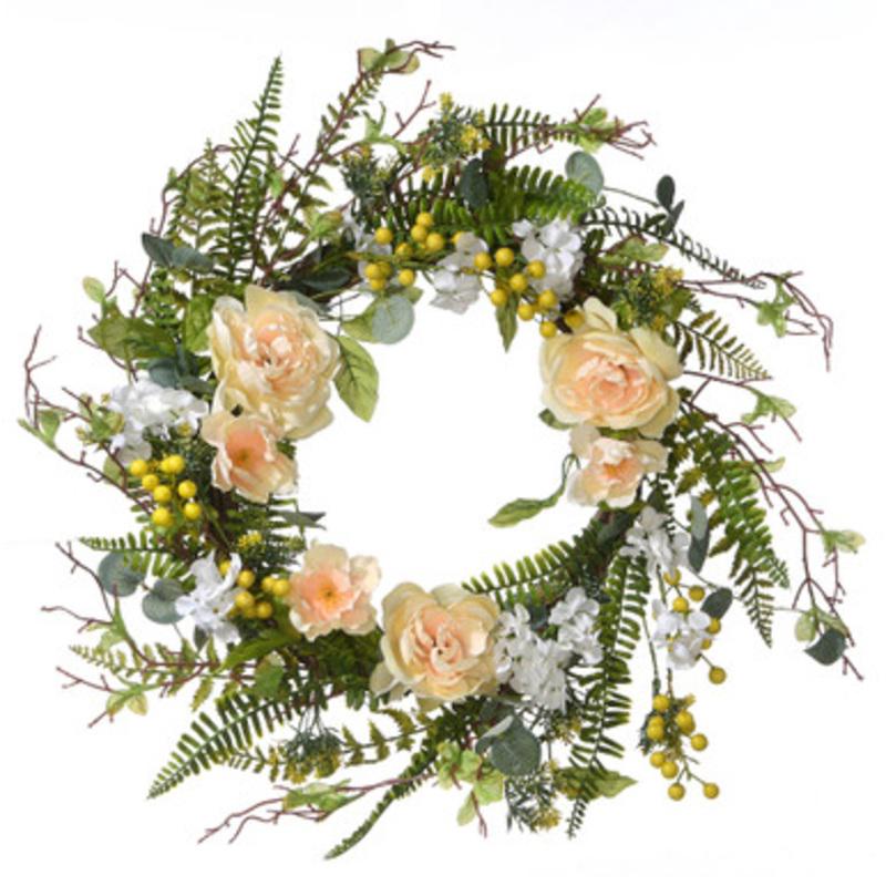 Yellow and Green Spring Flower Artificial Wreath 20-Inch, Unlit