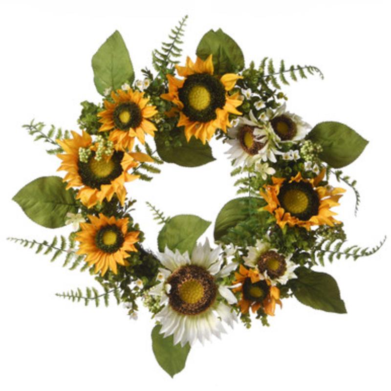 Yellow and Green Sunflower Artificial Wreath 22-Inch, Unlit