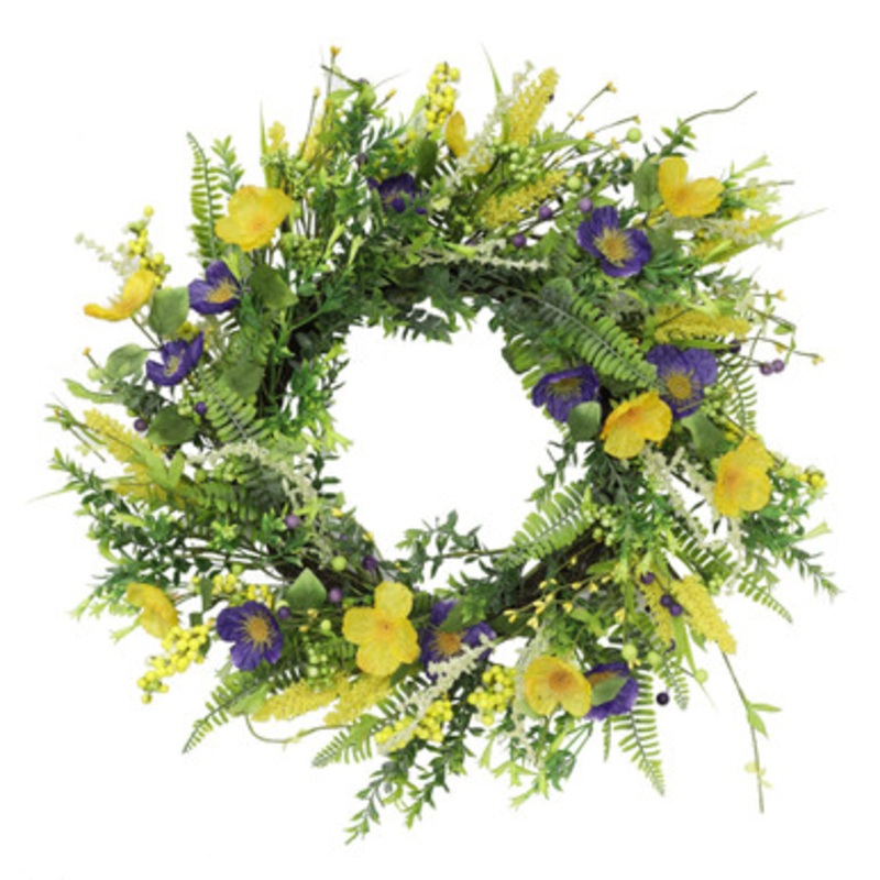 Yellow and Purple Faux Twig Spring Mixed Floral Wreath 24-Inch, Unlit