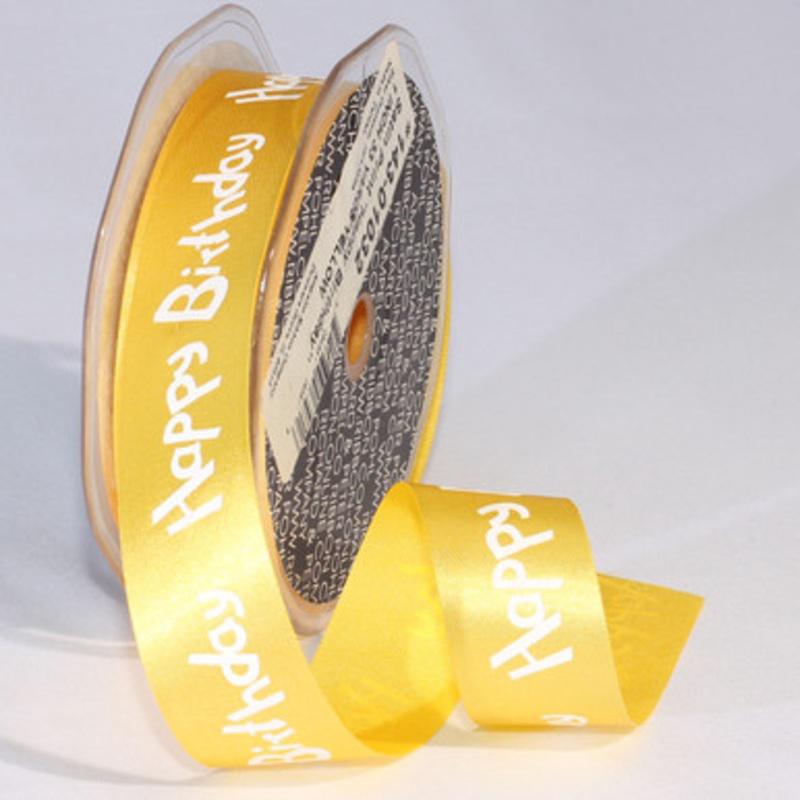 Yellow Satin Happy Birthday Printed Craft Ribbon 1 x 132 Yards