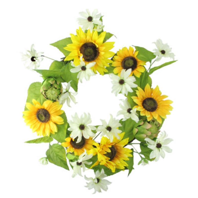 Yellow Sunflower and Cream White Daisy Artificial Floral Christmas Wreath 22-Inch, Unlit