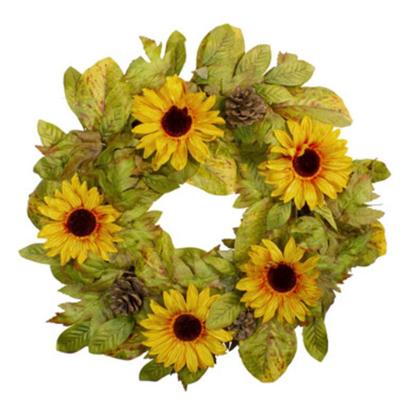 Yellow Sunflower and Pine Cone Artificial Fall Harvest Wreath 24 inch, Unlit