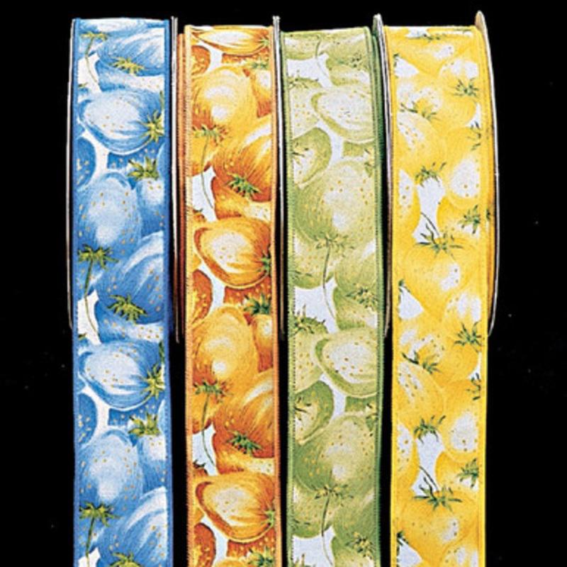 Yellow Tropical Fruit Print Cotton Wired Edge Craft Ribbon 1.5 x 22 Yards