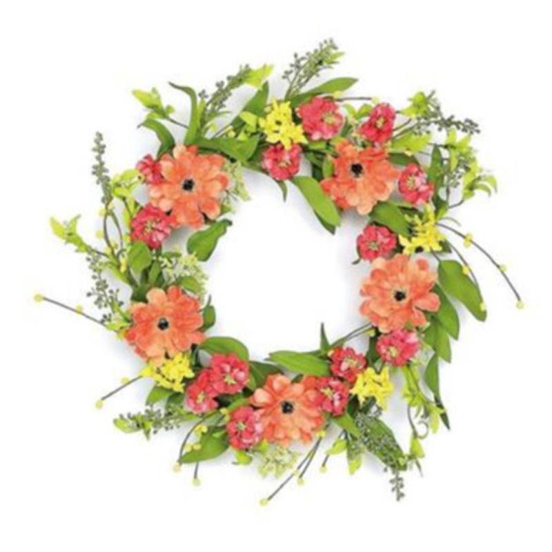 Zinnias, Wildflowers and Seeds Artificial Spring Floral Wreath, Orange 24-Inch