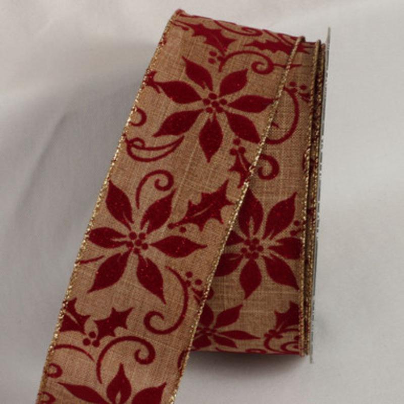Tan Brown and Burgundy Red Poinsettia Print Wired Craft Ribbon 2 x 20 Yards