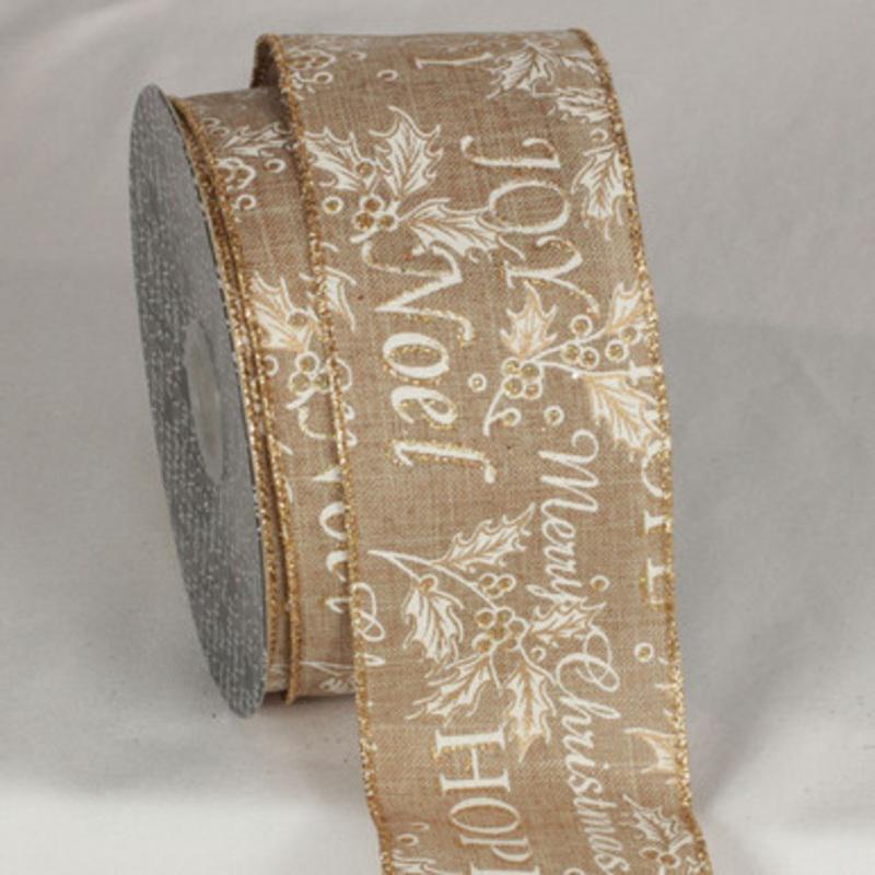 Tan Brown and Gold Merry Christmas Print Wired Ribbon 2.5 x 20 Yards