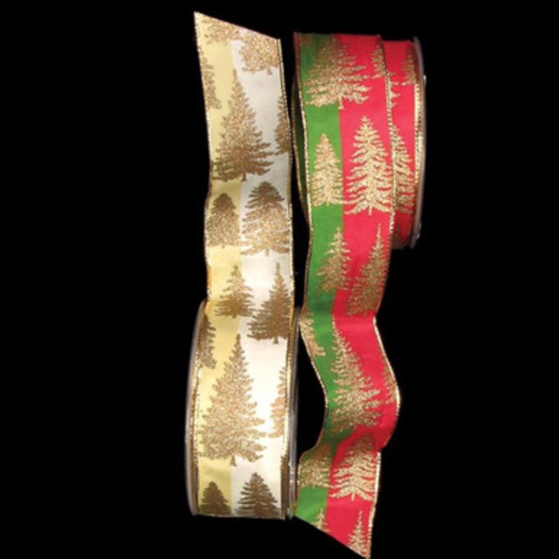 Trees on Two Tone Ivory Wired Craft Ribbon 1.5 x 54 Yards