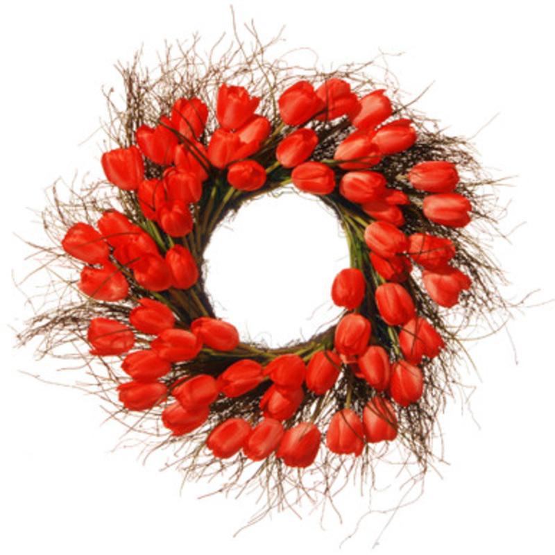 Tulip Artificial Floral Wreath, Red and Green 24-Inch