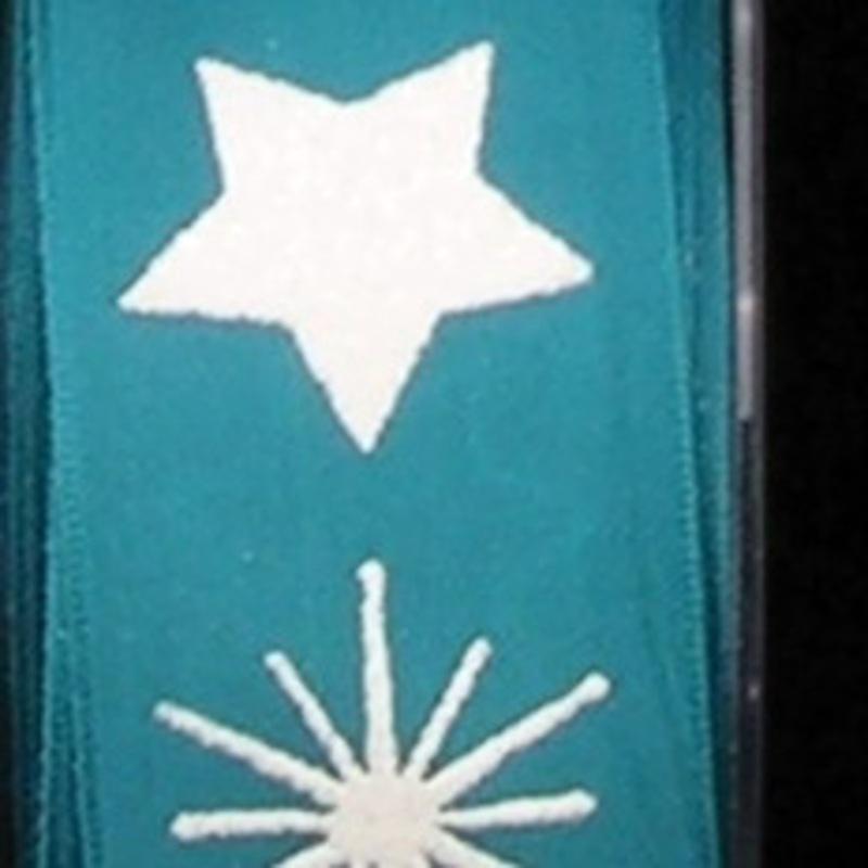 Turquoise Blue and White Stars with Snowflakes Wired Craft Ribbon 1.375 x 20 Yards