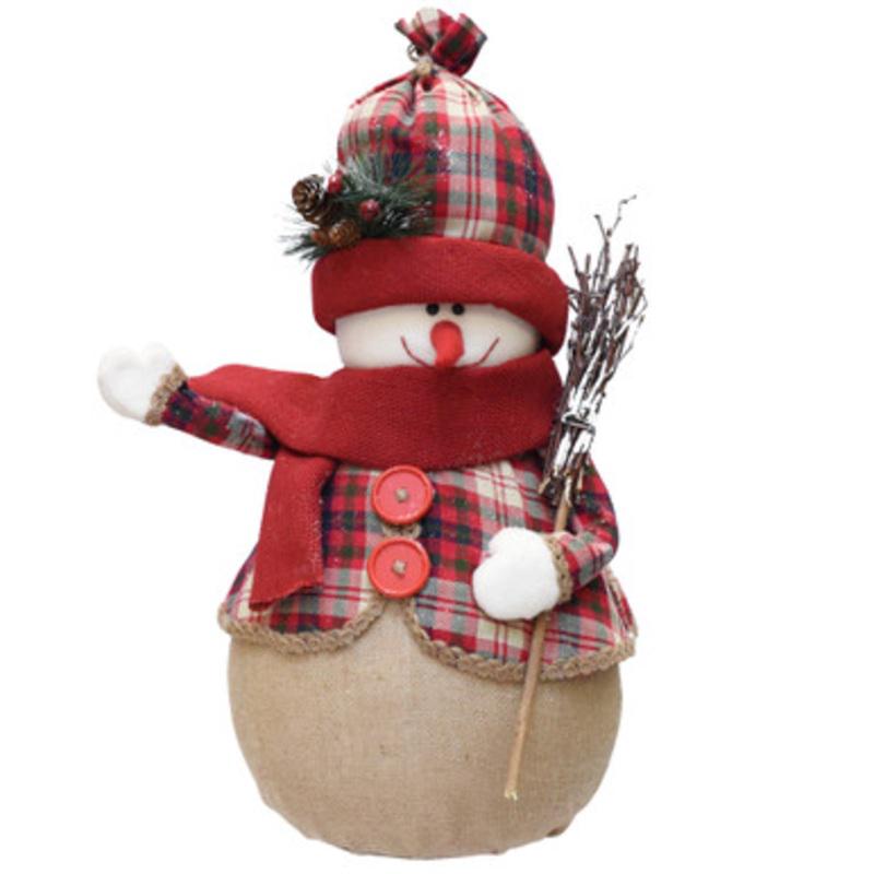 Waving Plaid Snowman with Twig Broom Christmas Figurine  22  Red and Brown