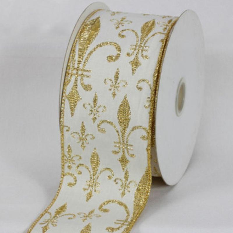 White and Gold Fleur De Lis Wired Edged Craft Ribbon 3 x 20 Yards