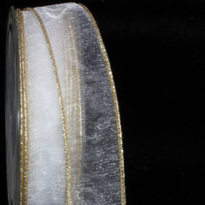 White and Gold Organza Edge Wired Craft Ribbon 1 x 54 Yards