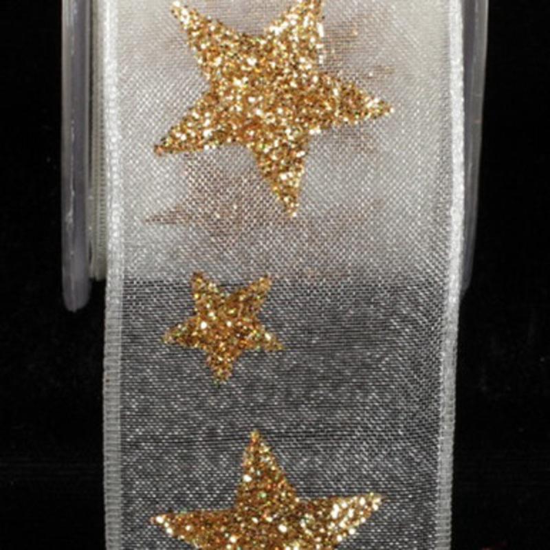 White and Gold Star Wired Craft Ribbon 1.5 x 27 Yards