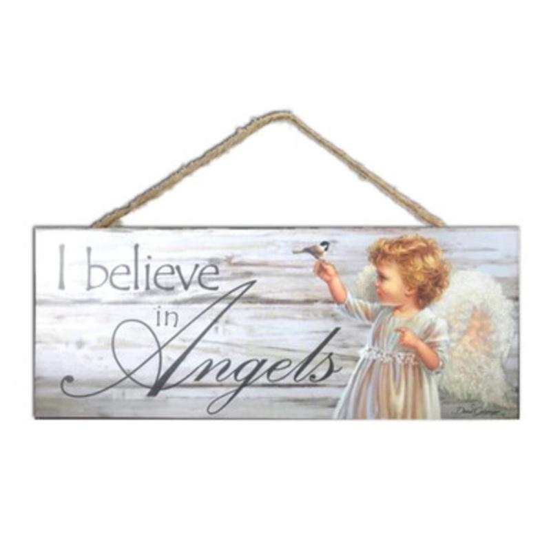White and Gray Angel Printed Rectangular Wall Sign with Rope Hanger 4 x 10