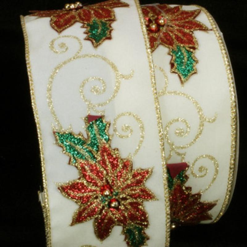 White and Green Poinsettia Appliques Wired Craft Ribbon 2.5 x 10 Yards