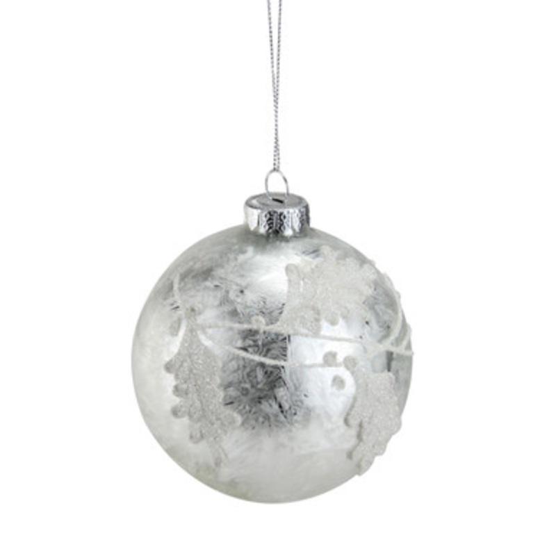 Sliver and White Glitter Leaves Christmas Ball Ornament 3.25 (80mm)