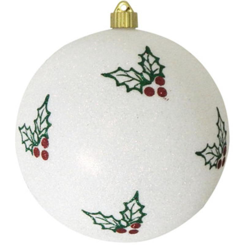 Snowball White and Green Holly Shatterproof Glitter Christmas Ball Ornament 8 (200mm)