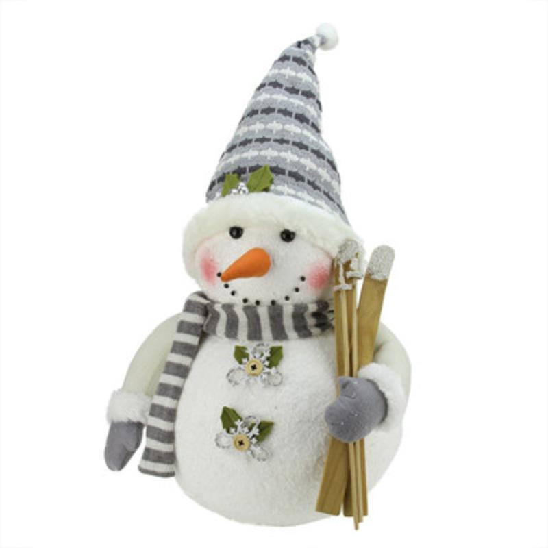 Snowman with Skis and Snowflake Buttons Christmas Figure  20  White and Gray