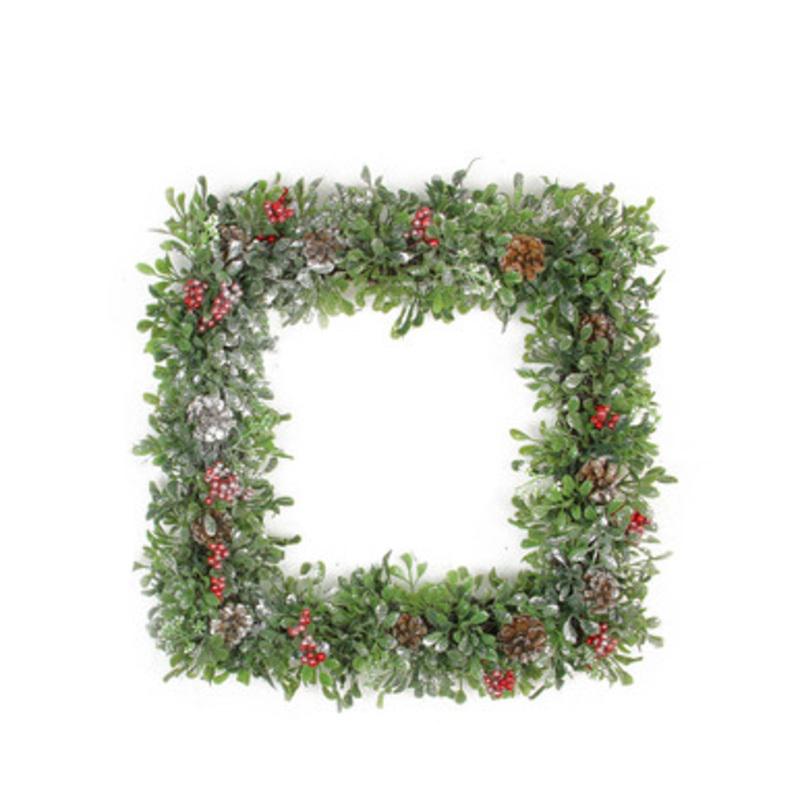 Square Boxwood and Berries Pine Cone Artificial Christmas Wreath 18-Inch, Unlit