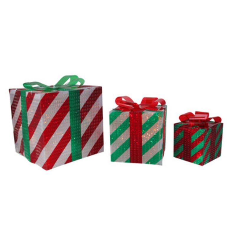 Striped Gift Boxes Outdoor Christmas Decorations 8 Clear Lights Set of 3