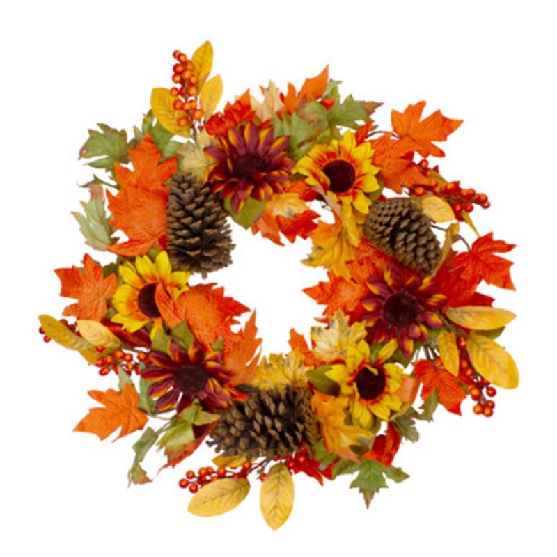 Sunflower and Pine Cone Artificial Thanksgiving Wreath 24-Inch, Unlit