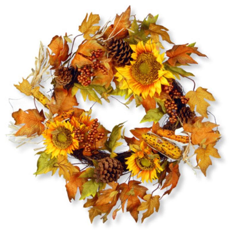 Sunflower and Pinecone Artificial Fall Harvest Wreath, 24-Inch, Unlit