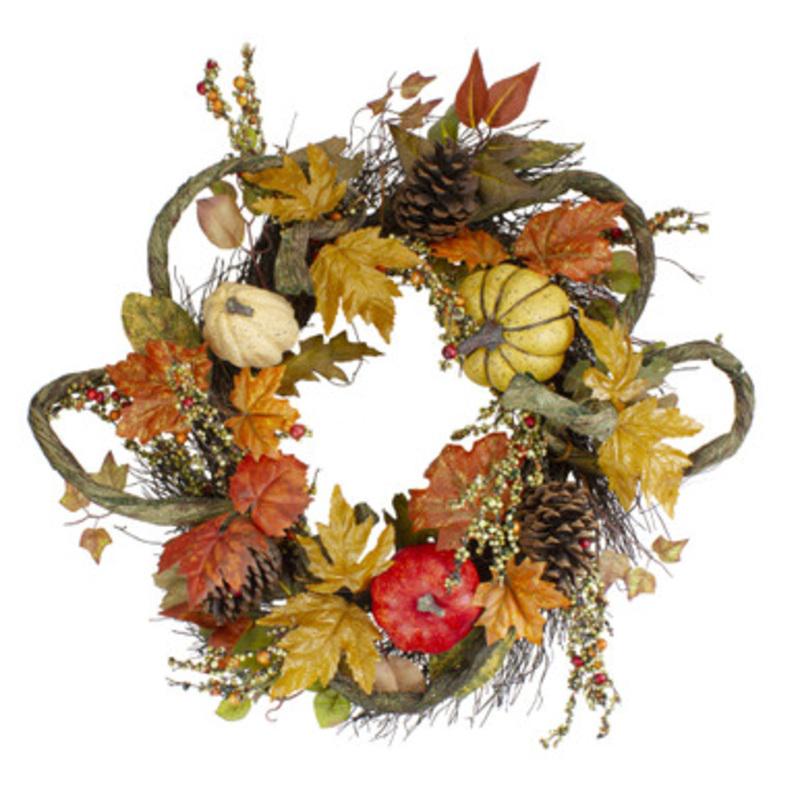 Sunflower, Pumpkin, Foliage and Pine Cone Fall Harvest Wreath 24 inch, Unlit