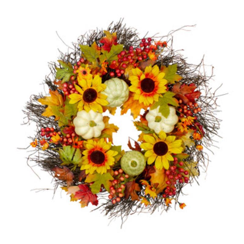 Sunflowers and Gourds Artificial Thanksgiving Wreath 26-Inch, Unlit