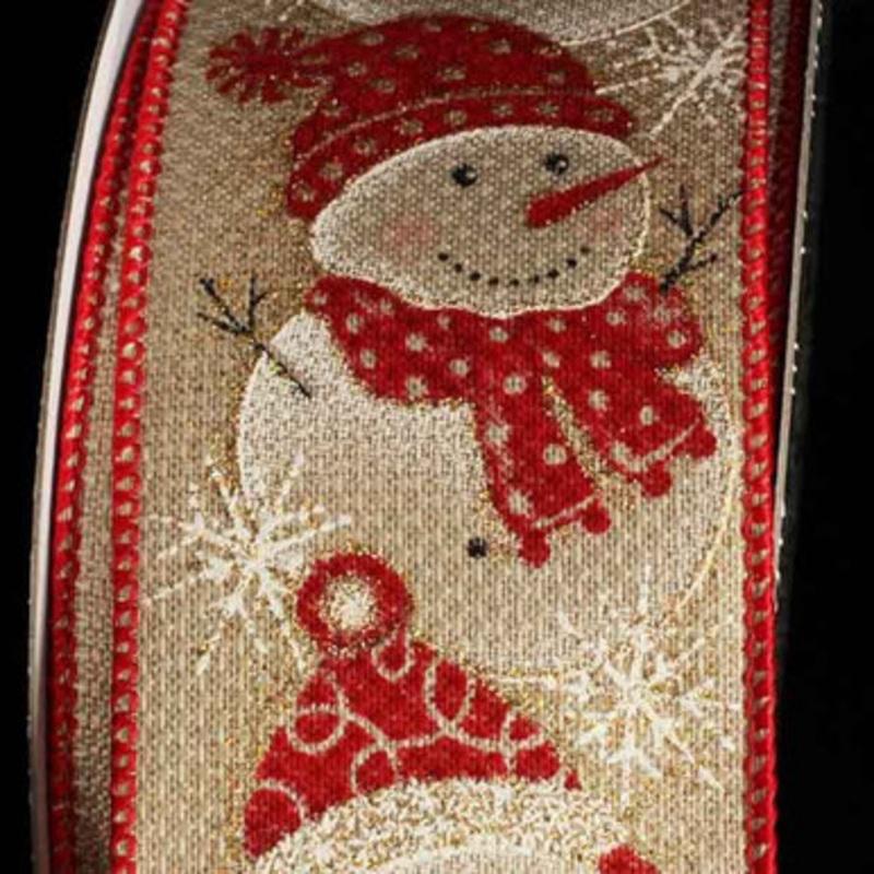 Tan Brown and Red Snowman Wired Craft Ribbon 2.5 x 20 Yards