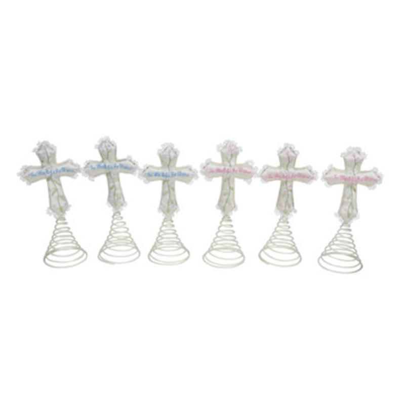 Set of 6 Ivory and Green God Bless Babys First Christmas Cross Tree Toppers 9